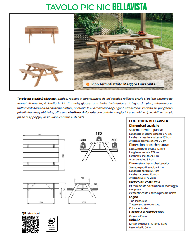 Tavolo Pic Nic Bellavista termotrattato 177x153 h 76 – Kit Montaggio Incluso