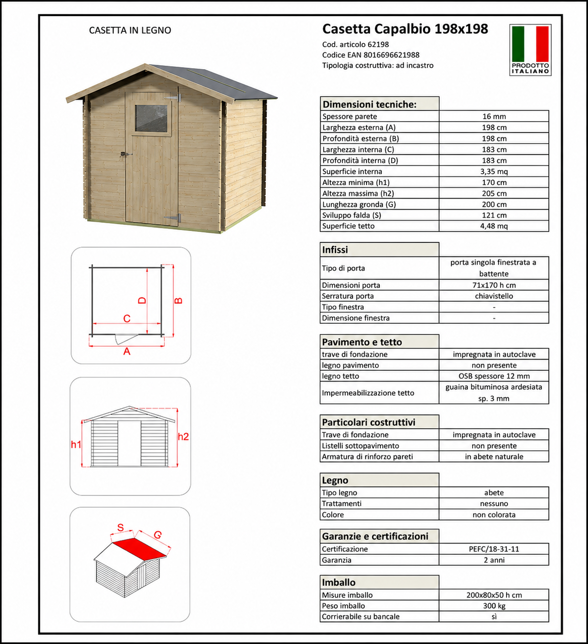 Casetta in legno Capalbio 198x198 cm – Kit Montaggio Incluso