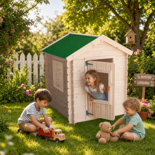 Casetta in legno Snoopy 98x98x112h cm – Gioco per Bambini da Interno ed esterno con Tetto in Polionda