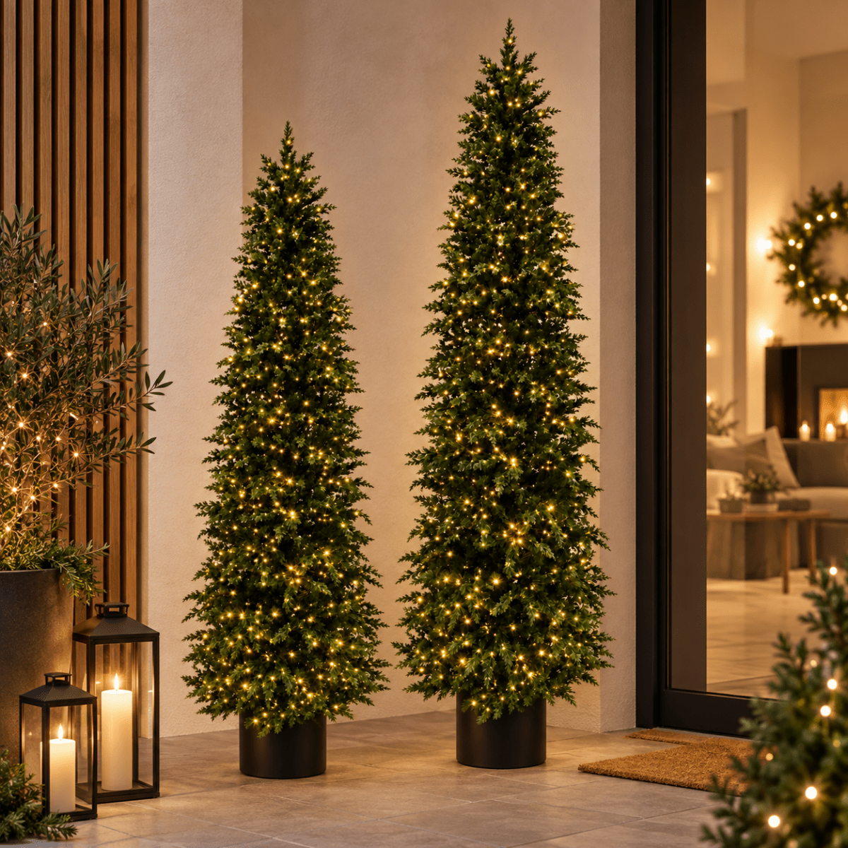 Albero di Natale Mira slim con LED e foglie stile cipresso in vaso – foto 2
