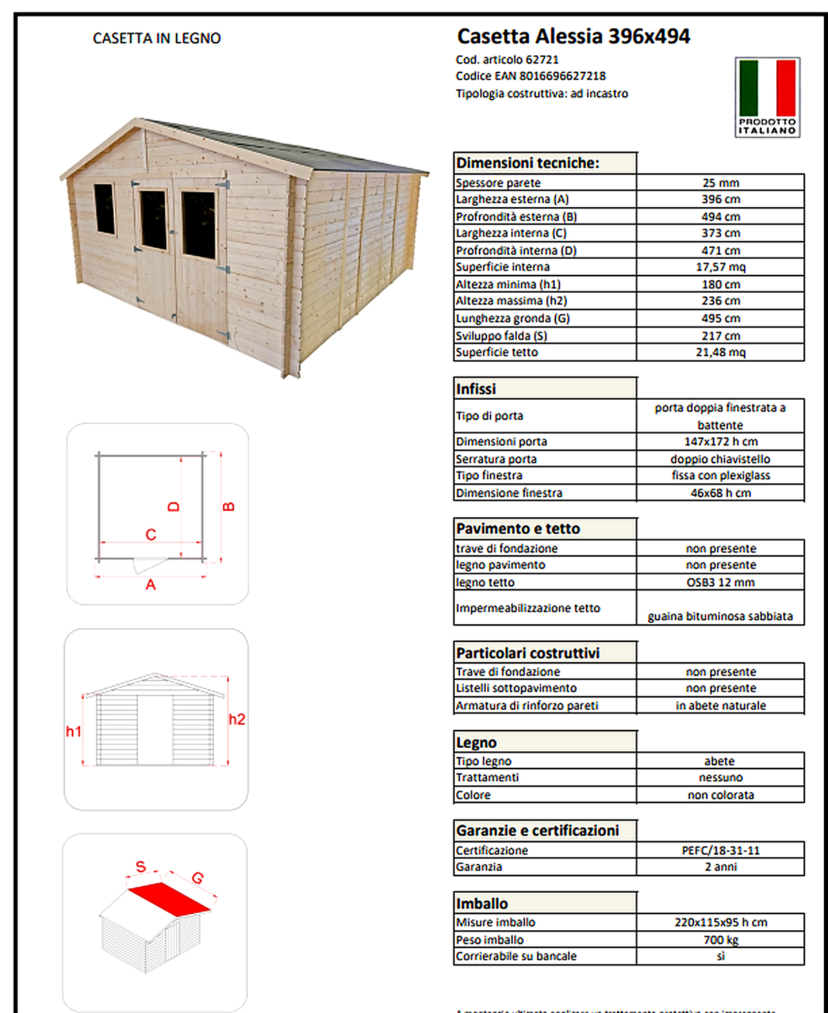 Casetta in legno Alessia 396x494 cm – Kit Montaggio Incluso