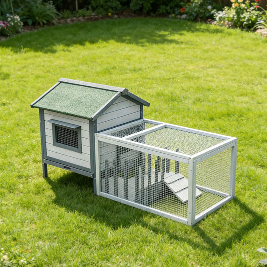 Conigliera in legno grigio e bianco Rabbit 1 con recinto esterno per conigli