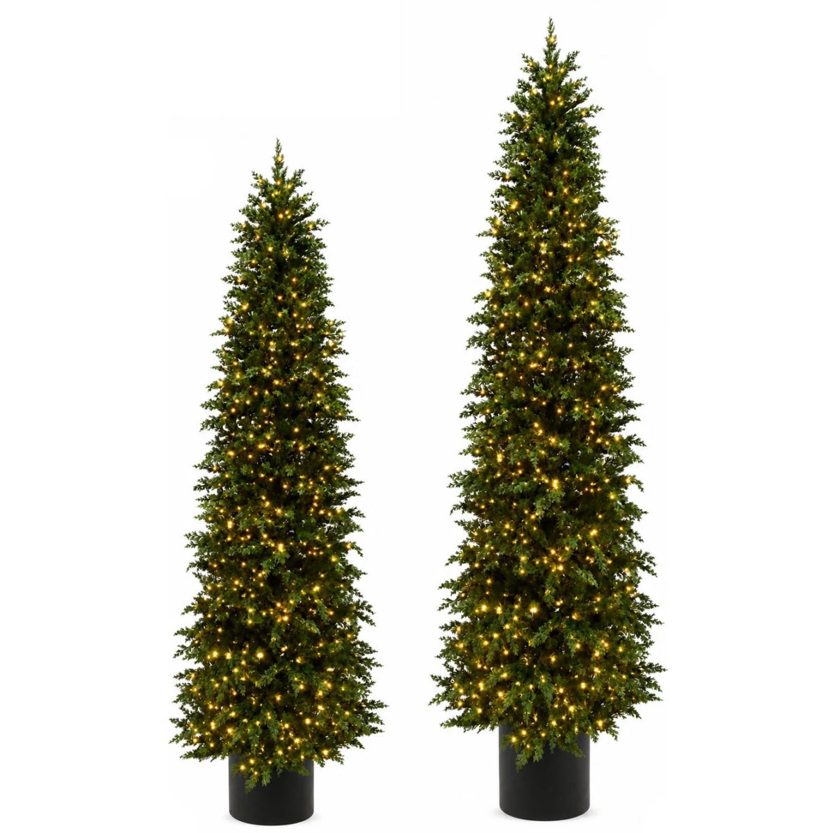 Albero di Natale Mira slim con LED e foglie stile cipresso in vaso