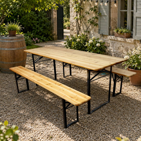 Set Birreria Pieghevole in Legno 200 cm con Tavolo e 2 Panche